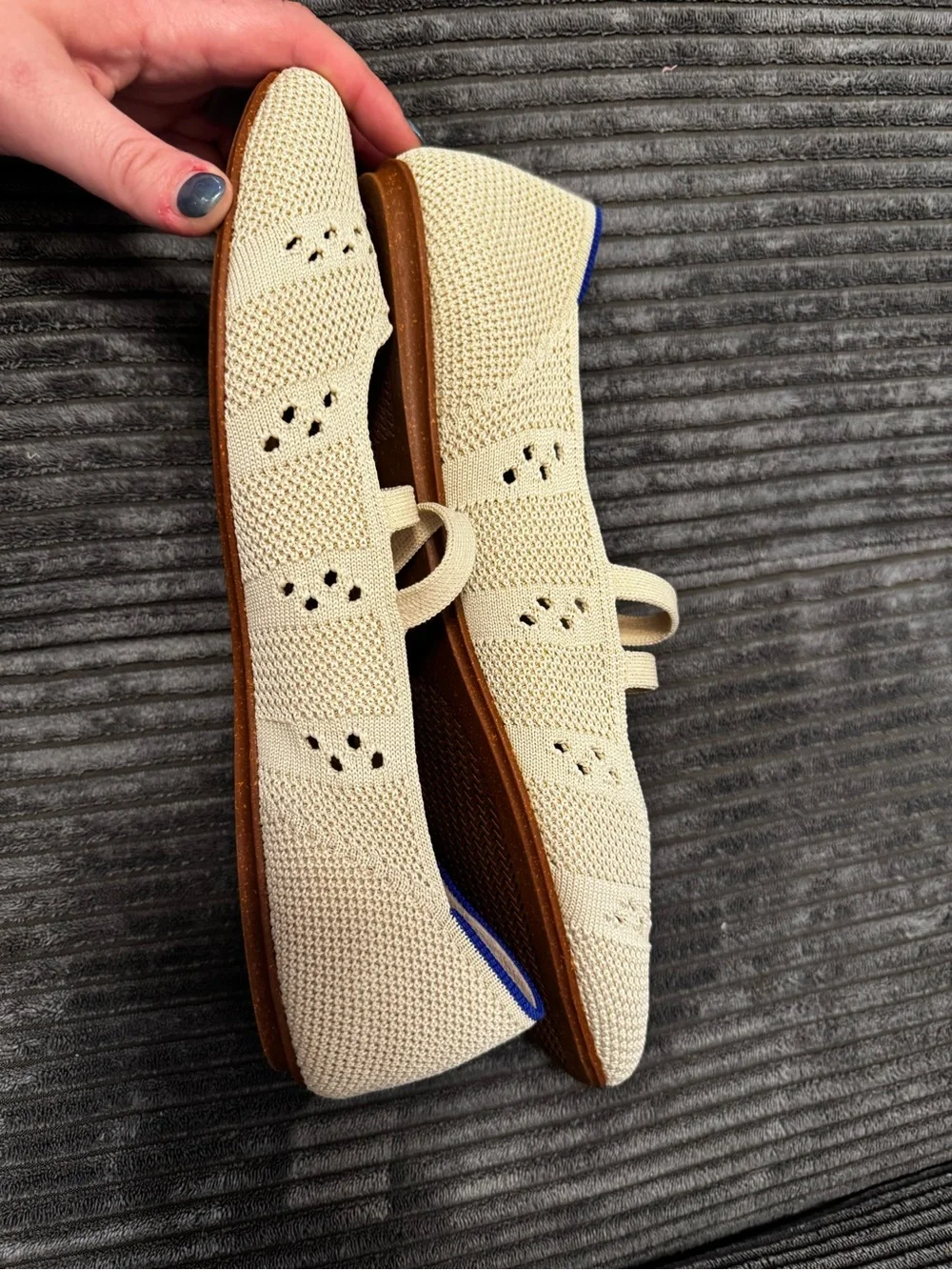 Rothy's Cream Knit Double-Strap Ballet Flats with Gold Buckles